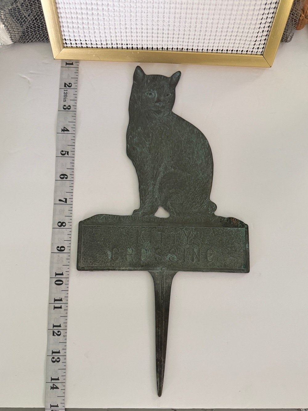 Vtg Brass Kitty Crossing Yard Sign Garden Sign Kitty Crossing Original Patina